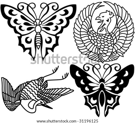stock vector : Ancient Japanese tattoo, birds, butterflies. Look more tattoo