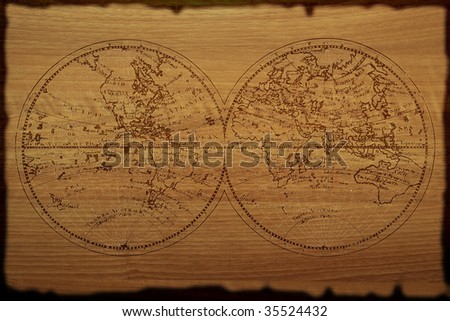 Atlas of the world and all of the continents over a woodgrain texture.
