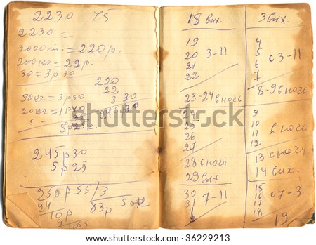 Double page of a very old notebook pages in a cage, the calculations made by the pen with blue ink, rusty metal clips.