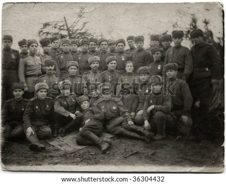 GERMANY- MAY 1:Group photo of Soviet soldiers in the Second World War May 1, 1945 in Germany. The war leads to creation of United Nations and emergence of United States and Soviet Union as superpowers
