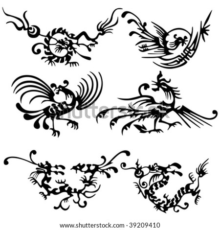 Tattoo of dragons and birds. ancient