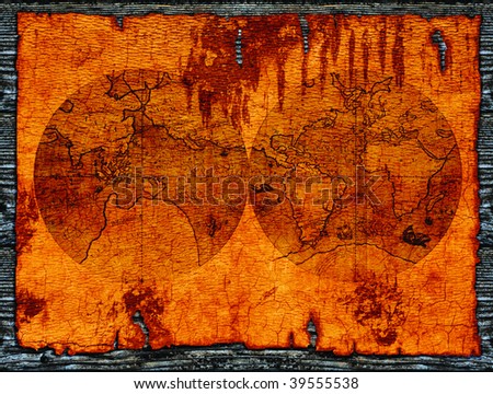 Ancient world map on wood background. with clipping path.