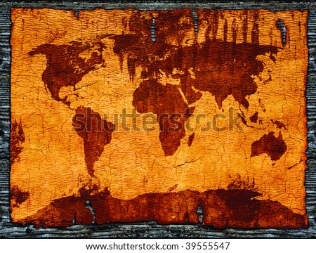 Ancient world map on wood background. with clipping path.