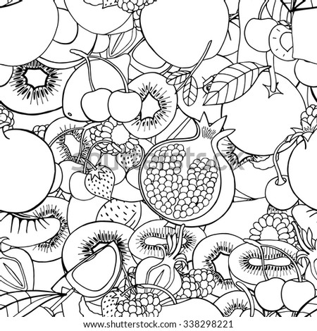 Monochrome Seamless pattern with set of sweet fruits and berries. Apples, kiwi, cherry. Food, fruit. Seamless texture. Doodle, cartoon drawing. Vector illustration