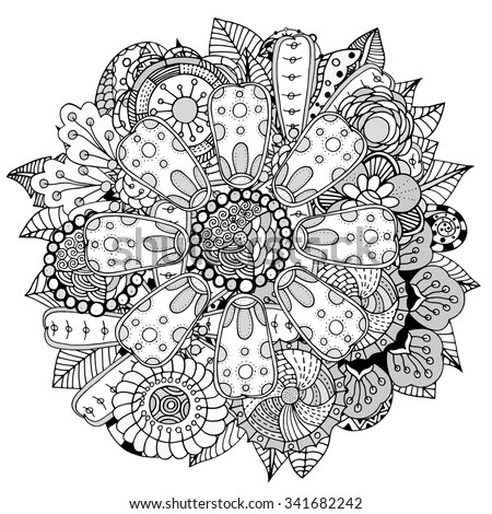 Black and white circle flower ornament, ornamental round lace design. Floral mandala. Hand drawn ink pattern made by trace from personal sketch.
