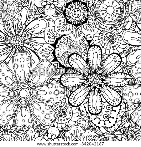 Seamless Contour Floral Pattern. Art Illustration. Hand Drawn Monochrome Floral Texture, Decorative Flowers, Coloring Book