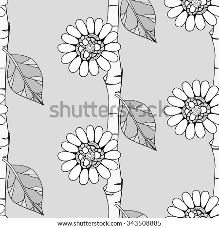art Seamless Monochrome Floral Pattern. Hand Drawn Floral Texture, Decorative Flowers, Coloring Book