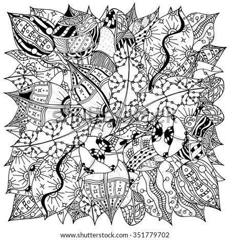 Pattern for coloring book with autumn leaves.  Ethnic, floral, retro, doodle, Art, tribal design element. Black and white  background.
