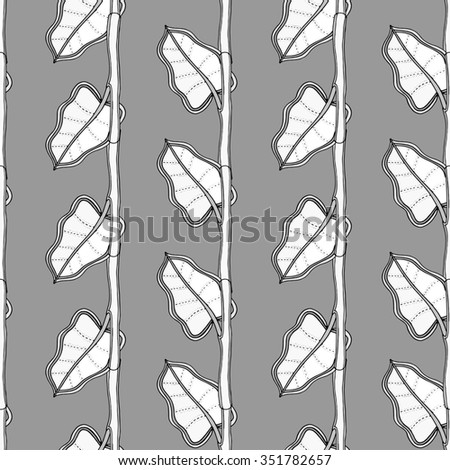 Monochrome seamless pattern with branches and leafs. Art illustration