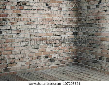 corner of old dirty interior with brick wall, empty room