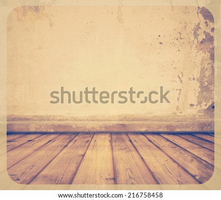 old room with concrete wall and wooden floor, retro filtered, instagram style background