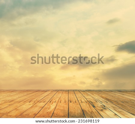 sunset sky and wood floor, retro filtered, instagram style, background image