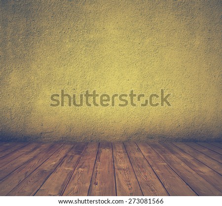 old room with concrete wall and wooden floor, green background, retro filtered, instagram style