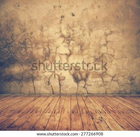old room with concrete wall and wooden floor, retro filtered, instagram style