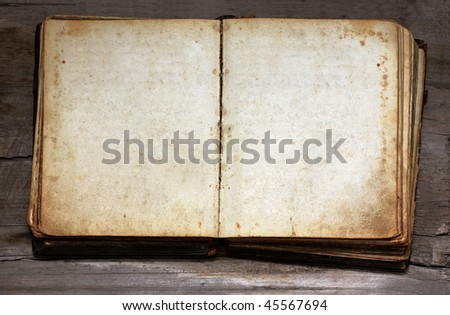 old book with blanked pages over a wooden table