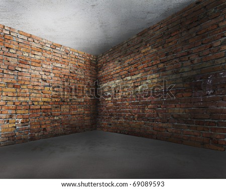 corner of old dirty interior with brick wall, empty room