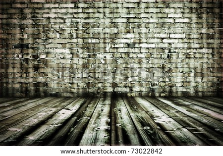 old room with brick wall, green background