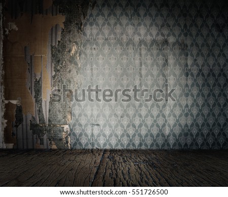 old grunge room with wallpaper, vintage background.