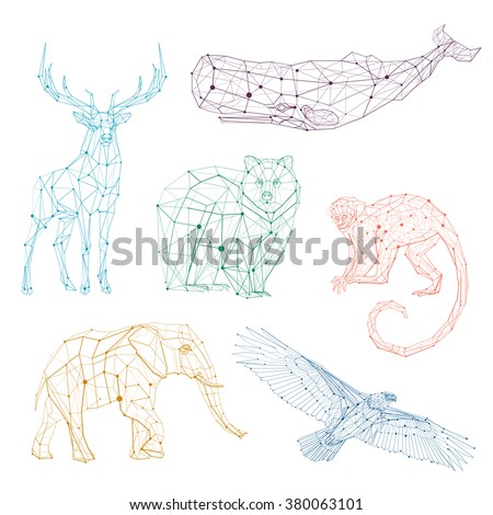 Low Poly Vector Animals Set Stylized Linear Wire Construction Abstract Polygonal Geometric Illustration