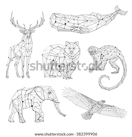 Low poly vector animals set: stylized linear wire construction. Abstract polygonal geometric illustration