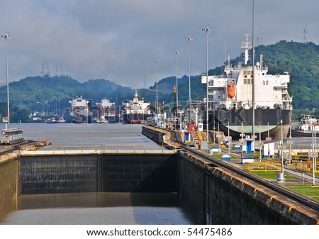 Ships leaving the Panama Channel Lock
