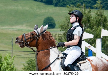 LAAB IM WALDE, AUSTRIA - JUNE 4: Unknown woman rider on a brown horse during  Austrian horse jumping competition in  famous StKolomann Riding Club in Laab im Walde village on June 4, 2011