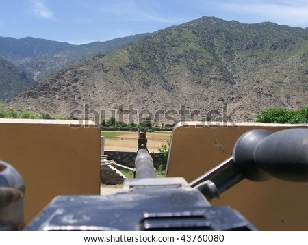 The view down the sights of an American machine gun in Eastern Afghanistan