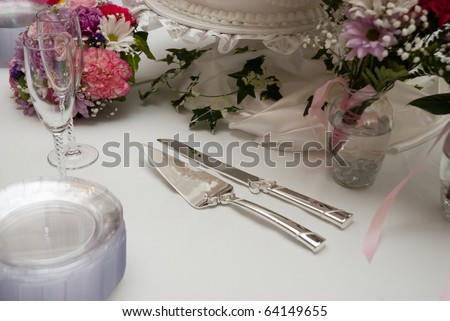 stock photo Wedding Reception cake cutting and champagne glasses