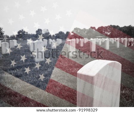 A composite image of Arlington Cemetery with the American Flag