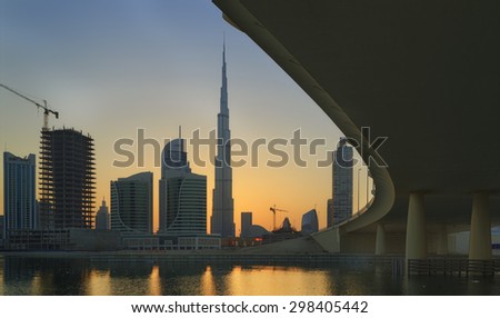 DUBAI, UNITED ARAB EMIRATES- April 23, 2013:Beautiful View of Dubai Skyline just at the Sunset in Dubai April 23, 2013.