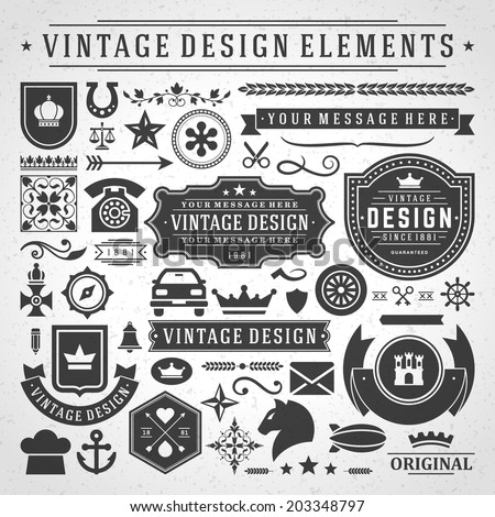Vintage vector design elements Retro style golden typographic labels tags badges stamps arrows and emblems set Vintage vector design elements Retro style golden typographic labels tags badges stamps arrows and emblems set