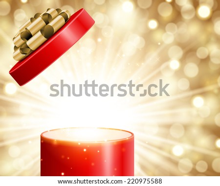 Open gift box and magic light fireworks Christmas background. Raster version.