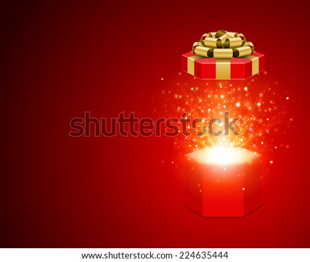 Open gift box and magic light fireworks Christmas background. Raster version.