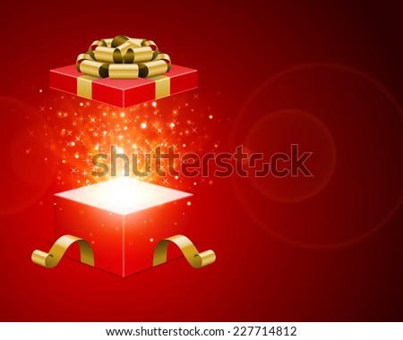 Open red gift box and golden bow open with magic light fireworks Christmas vector background.