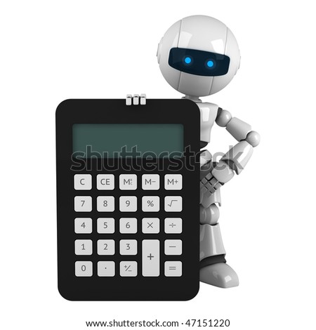 Funny white robot stay with calculator