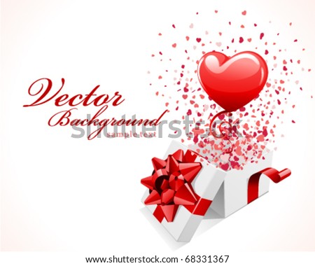 Open gift present box with fly hearts and balloon Valentine's day vector background