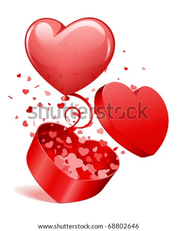 Heart gift open with fly hearts and balloon Valentine's day vector illustration for design