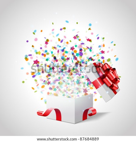 Open gift with fireworks from confetti vector background. Eps 10