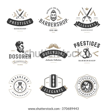 Barber Shop Logos Vector Templates Set. Labels, Badges and Design Elements. Barber shop Logo, Beauty Salon Logo, Hairdresser Logo. Barber Pole Silhouette, Scissors Silhouette, Razor Silhouette.