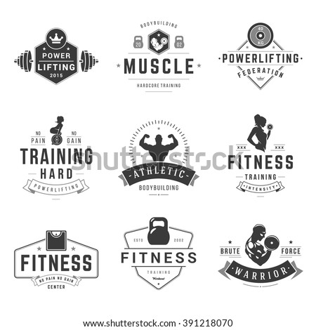 Fitness Logos Templates Set. Vector object and Icons for Sport Labels, Gym Badges, Health Logos Design, Emblems Graphics. Woman and Man Silhouettes, Exercise Logos, Barbell and Weight Symbols.