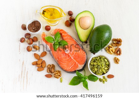 Food sources of omega 3 and healthy fats, top view