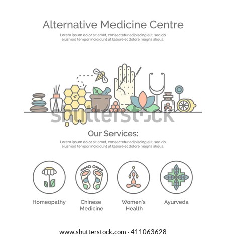 Alternative Medicine centre vector concept. Holistic center, naturopathic medicine, homeopathy, acupuncture, ayurveda, chinese medicine, womans health. For web site, print design, business card.