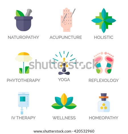 Alternative Medicine icons. \
Modern flat style. Holistic center, naturopathic medicine, homeopathy, acupuncture, ayurveda, chinese medicine, womans health. For web site, print design, business card.