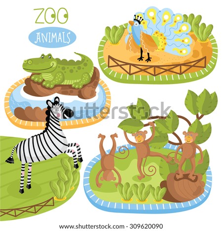 Vector Zoo Animals. Funny cartoon animals. Cartoon characters. Zebra, crocodile, peacock and monkey. Each animal in nature. Childish set for book, web elements. Summer season. Vector illustration.