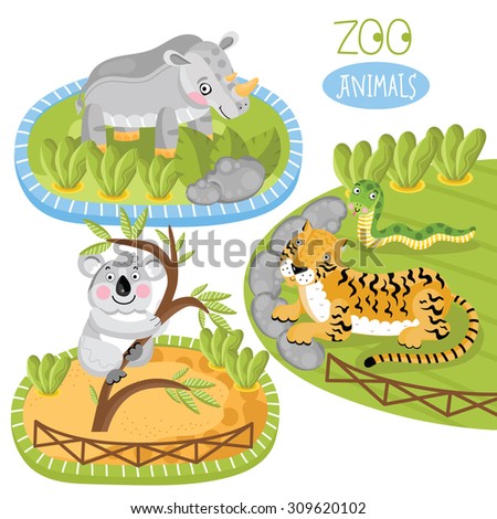 Vector Zoo Animals. Funny cartoon animals. Cartoon characters. Panda, tiger and rhinoceros. Each animal in nature. Childish set for book, web elements. Summer season. Vector illustration.