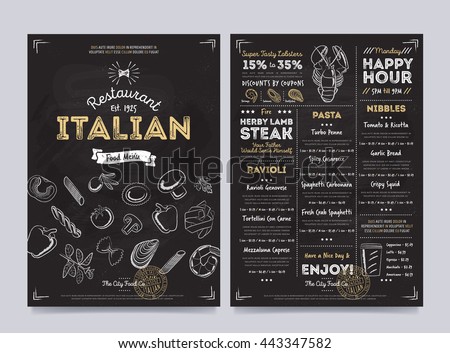 Italian food restaurant menu design template on chalkboard background vector illustration. Italian cuisine background. Flyer of Italian illustration in vintage style. Cover Italian restaurant menu.