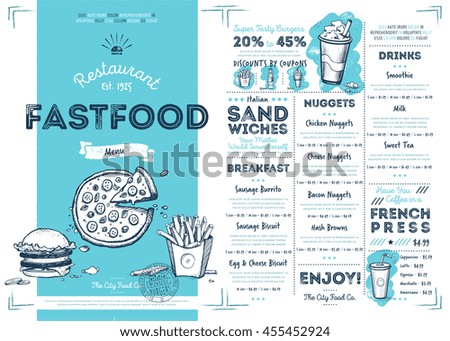 Fast food restaurant menu template vector illustration elements. Hand drawn fast food meal. Burgers, pizza and other food. Fast food cafe menu template. Flyer of fast food meal. Fast food menu design.