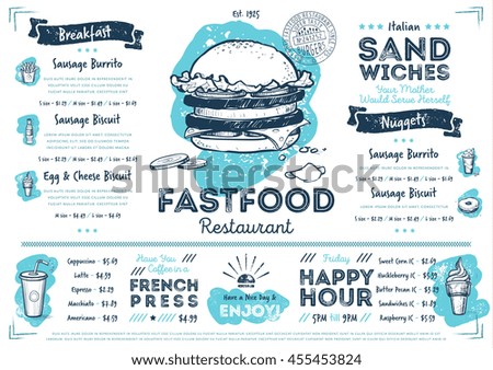 Fast food restaurant menu template vector illustration elements. Hand drawn fast food meal. Burgers, pizza and other food. Fast food cafe menu template. Flyer of fast food meal. Fast food menu design.
