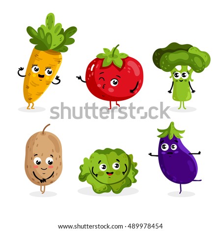 Cartoon vegetable cute characters face isolated on white background vector illustration. Funny vegetable face icon vector collection. Cartoon face food emoji. Vegetable emoticon. Funny food concept.