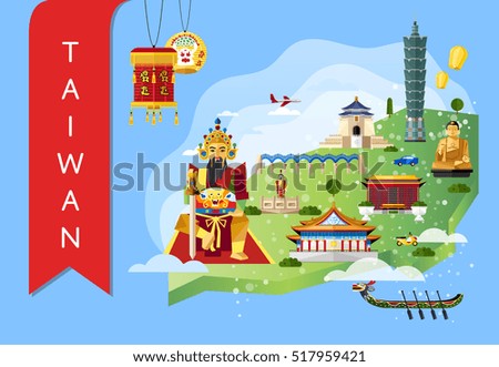 Taiwan famous landmarks and travel map with ancient god statue on blue background, vector illustration. Time to travel concept. Asian architecture attractions and traditional symbols in flat design.